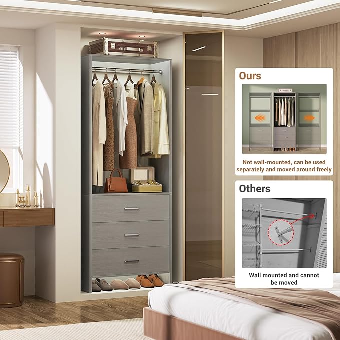 Aheaplus 2FT Closet System with 3 Drawers, 24’’ Closet Organizer, Wood Closet Organizer System, Walk-in Closet or Small Closets Wardrobe, Clothes Rack with Hanging Rods,-E6, Grey