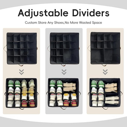 Shoe Organizer Box 2 Pack, Shoe Storage Organizer with Clear Cover, Adjustable Dividers Fits 16-32 Pairs, Fabric Shoe Organizer for Closet, Black