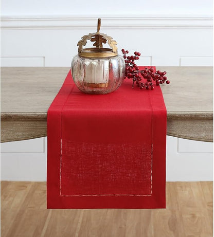 Solino Home Linen Red Table Runner 108 Inches Long - 100% Pure Linen 14 x 108 Inch Table Runner for Christmas, Holiday, Winter, New Year - Classic Hemstitch