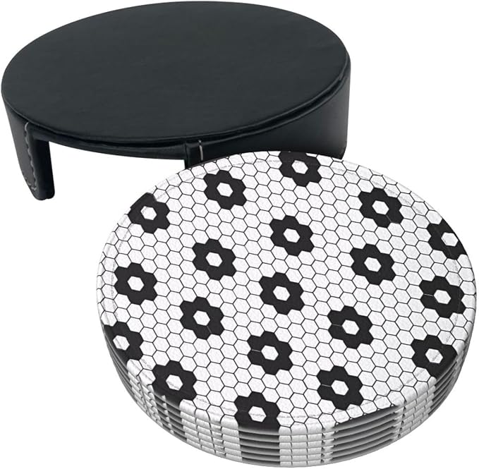 6 Pcs Black White Flower Hex Tile Print Floor Leather Coasters