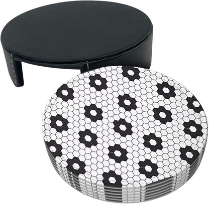 6 Pcs Black White Flower Hex Tile Print Floor Leather Coasters