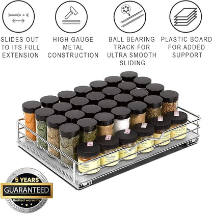 Pull Out Cabinet Organizer for Spices, Cans - Heavy Duty with Lifetime Limited Warranty- Pull Out Spice Rack- Cabinet Pull Out Shelf for Cans,Dishes, Etc, 14-3/8"Wx 10-1/2"D x 2-3/4” H, Chrome