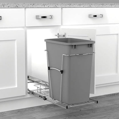 Rev-A-Shelf Pullout Trash Can for Kitchen Cabinets 35 Qt Garbage Waste Recycling Bin w/ Full Extension Slide, Metallic Silver, RV-12KD-17C S