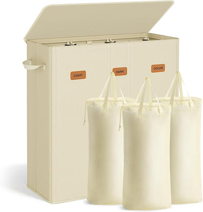 SONGMICS 42.2 Gallon (160 L) Laundry Hamper, 3-Compartment Laundry Basket Sorter with Lid, Labels, Removable Liner Bags, for Bedroom, Cream White URLH013W01