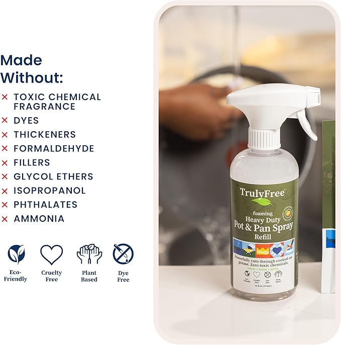 Truly Free Heavy Duty Pot & Pan Spray - Powerful Foaming Grease Remover, Multi-Purpose Kitchen Cleaner Spray Degreaser for Oven, Stoves, Grill & More, Citrus Scent - Includes 1 Empty Bottle & 2 Refill