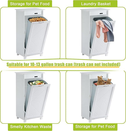 VECELO Tilt Out Kitchen Trash Bin Cabinet, Dog Proof Garbage Can with Wood Holder Free Standing Recycling, Pure White