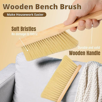 2 Pieces Woooden Dust Brush Hand Broom Bench Brush with Long Wood Handle Whisk Broom Soft Bristle Brush for Counter Bed Sofa Car Fireplace Clothes Household Cleaning(Khaki)