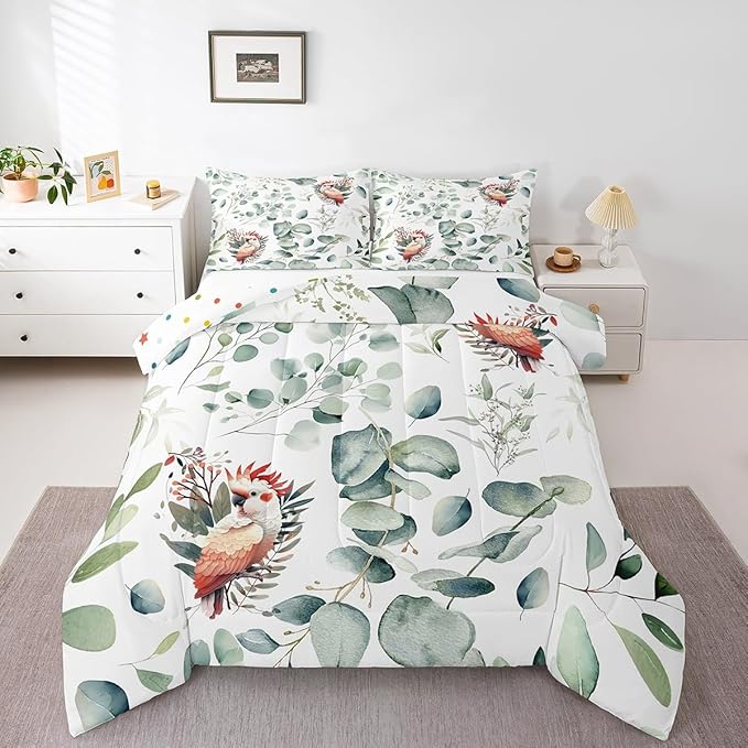 Erosebridal Cartoon Animal Toddler Size Comforter Set for Kids Toddler Kawaii Parrot Bedding Set, Wild Bird Down Comforter Cute Wildlife Bed Set, Botanical Green Eucalyptus Quilted Duvet