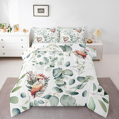 Erosebridal Cartoon Animal Toddler Size Comforter Set for Kids Toddler Kawaii Parrot Bedding Set, Wild Bird Down Comforter Cute Wildlife Bed Set, Botanical Green Eucalyptus Quilted Duvet