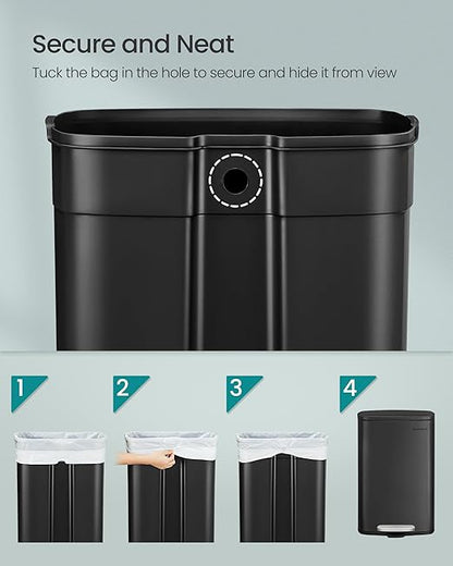 SONGMICS 13 Gallon (50 L) Trash Can, Stainless Steel Kitchen Garbage Can, Recycling or Waste Bin, Soft Close, Step-On Pedal, Removable Inner Bucket, Black ULTB050B01