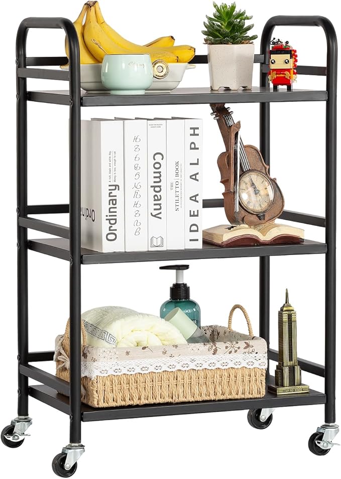 HDANI 3 Tier Rolling Cart Shelves,Heavy Duty Multifunctional Metal Frame-Supports 22 Lbs Per Tier,Rolling Cart with 2 Lockable Wheels for Home,Office,Kitchen,Bathroom,Bedroom (Black)…