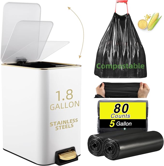 Small Bathroom Trash Can with Lid Soft Close, 1.8 Gallon Stainless Steel Garbage Can with Removable Inner Bucket,75Count Trash Bags, Slim Step Pedal Trash Bins