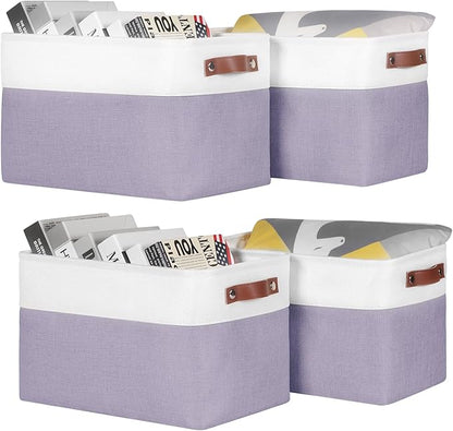 Univivi Large Fabric Storage Baskets Hard Bottom Organizer Bins for Shelves Organizing Foldable Storage Bins with PU Handles for Closet (Purple-4-Pack)