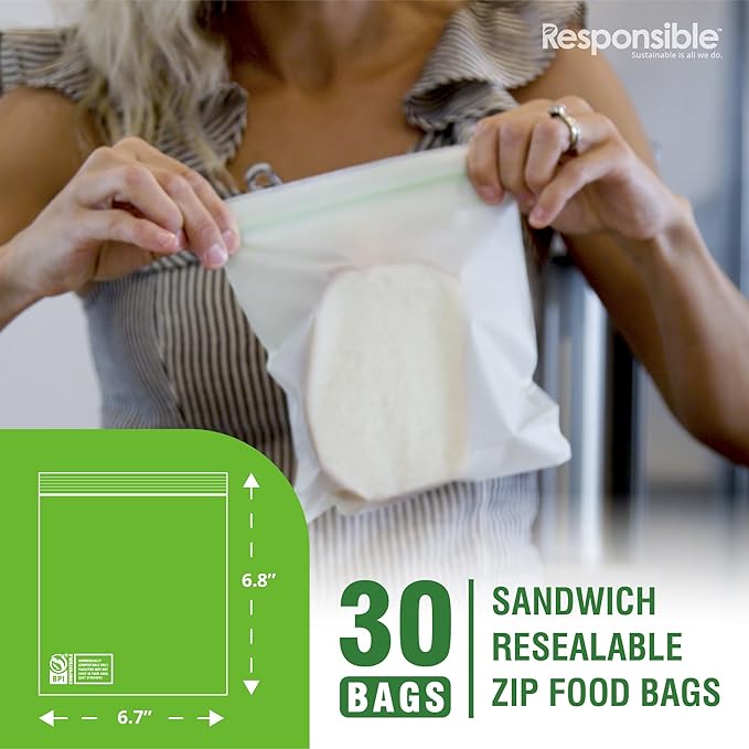 Responsible Products Certified Compostable SANDWICH Resealable Zip Bag, Extra Strength Food Bags, Plant-Based Freezer-Safe (30 Pack)