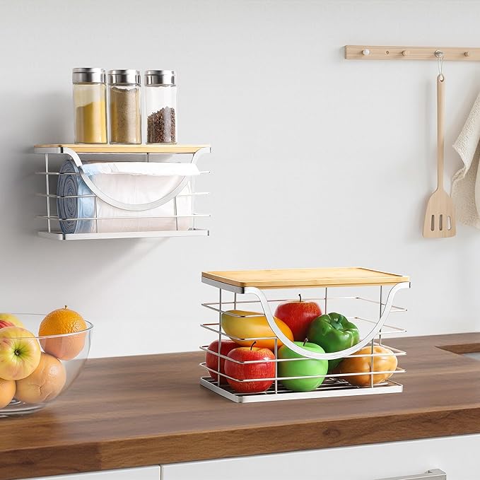 Extra Large Trash Bag Holder Stackable Kitchen Storage Slive, 2 Pack Wall Mounted Pantry Organizers and Storage with Bamboo Top, Garbage Bag Dispenser Under Sink for Laundry Room and Kitchen