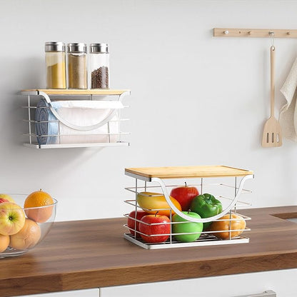 Extra Large Trash Bag Holder Stackable Kitchen Storage Slive, 2 Pack Wall Mounted Pantry Organizers and Storage with Bamboo Top, Garbage Bag Dispenser Under Sink for Laundry Room and Kitchen