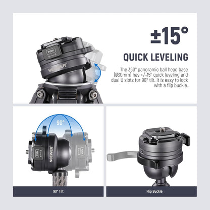 NEEWER LITETRIP LT32 62" Travel Tripod Carbon Fiber with ±15° Leveling Base, Detachable Center Axis, Fast Flip Buckle, 360° Pan Arca Type QR Plate Compatible with Peak Design Capture V3 (Former TP62)