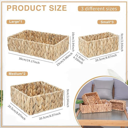 Handwoven Wicker Storage Baskets Set, Natural water hyacinth & Iron Frame | Triple Sizes (Small, Medium, Large) for Home Organizing, Bathroom, Shelves | Woven Baskets for Storage & Decor (Natural)