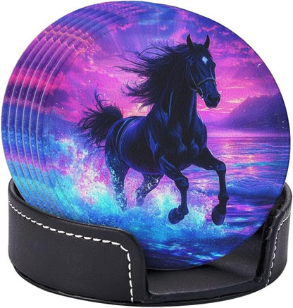 Horse Coasters for Drinks Set of 6, Round Leather Coaster