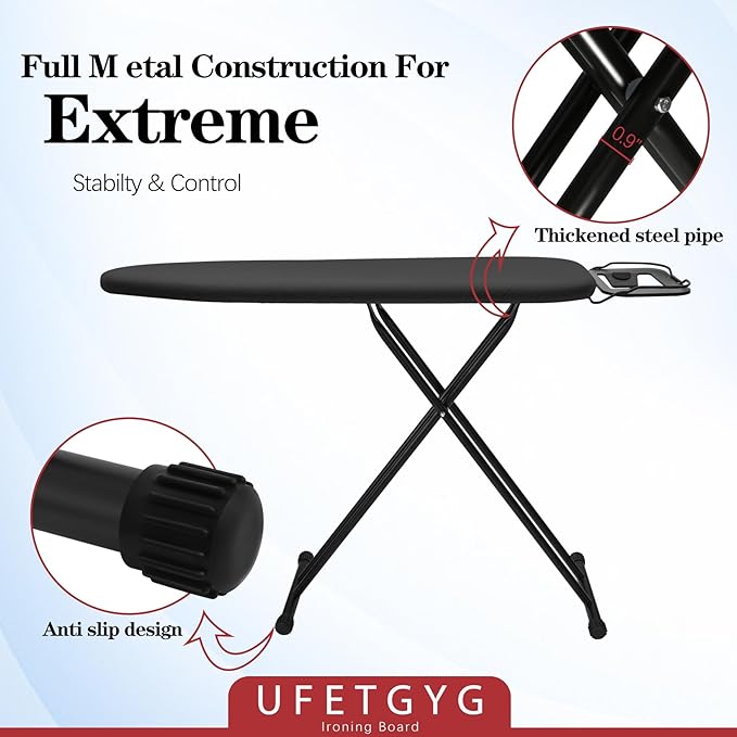 Ironing Board, Metal Panel Iron Board |43" X 13" W/with Iron Rest | Full Metal Construction| Height Adjustable | Heat & Scorch Resistant Fabric | Anti-Skid Feet | Heavy Duty| Easy to Fold