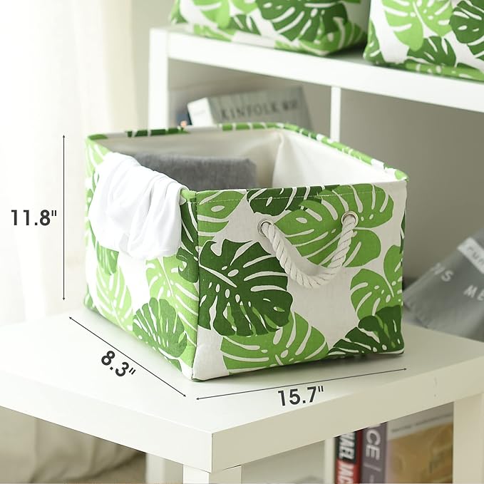 Storage Cubes, Storage Bins Baskets for Organizing 4 Pack for Organizing Toys, Clothes, Closet Baskets with Rope Handles for Nursery Home(White and Green,15.7"L×11.8"W×8.2"H)