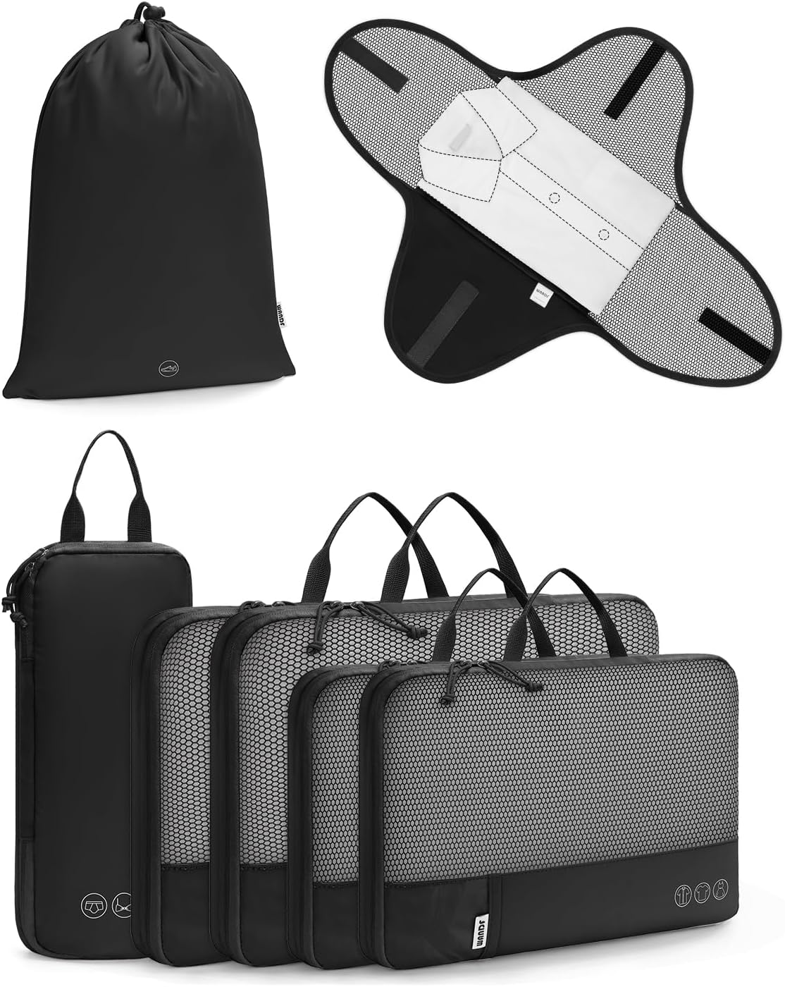 WANDF 7 Set Compression Packing Cubes for Travel, Shirt Folder for Wrinkle-Free, Suitcase Organizer Bags Set for Carry-On Checked Luggage Duffle Bag Women Men(Black)