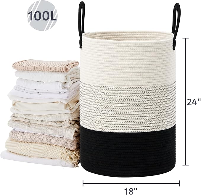 VIPOSCO Large Laundry Hamper, Tall Woven Rope Storage Basket for Blanket, Toys, Dirty Clothes in Living Room, Bathroom, Bedroom - 100L White & Black