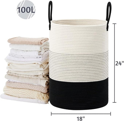 VIPOSCO Large Laundry Hamper, Tall Woven Rope Storage Basket for Blanket, Toys, Dirty Clothes in Living Room, Bathroom, Bedroom - 100L White & Black