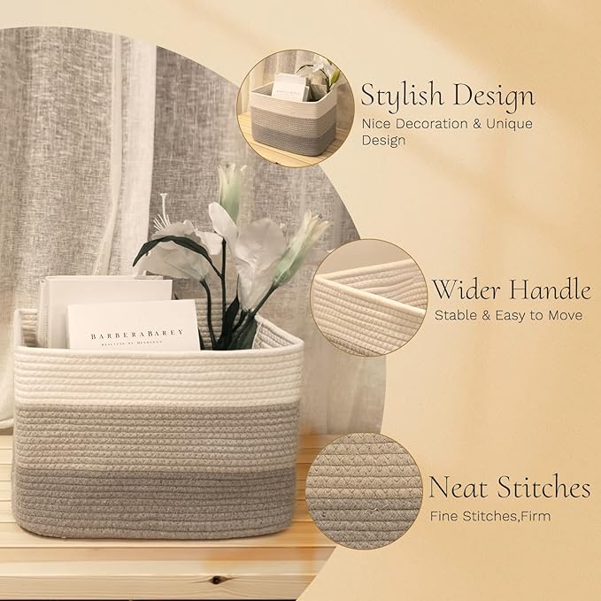 Hopegiver Woven Storage Baskets 15x11x10 Inch, 1 Pack Collapsible Cube Storage Bin for Shelves - Foldable Cotton Rope Organizer Bins for Towels, Toys, Books, Closet, Nursery (White Light-Gray Gray)