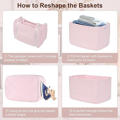 3-Pack Shelf Baskets for Organizing, Woven Storage Basket for Shelves, Cotton Rope Storage Bins for Toys Books, Nursery Towel Baskets for Classroom, 14.96"X9.8"X8.85", Pink