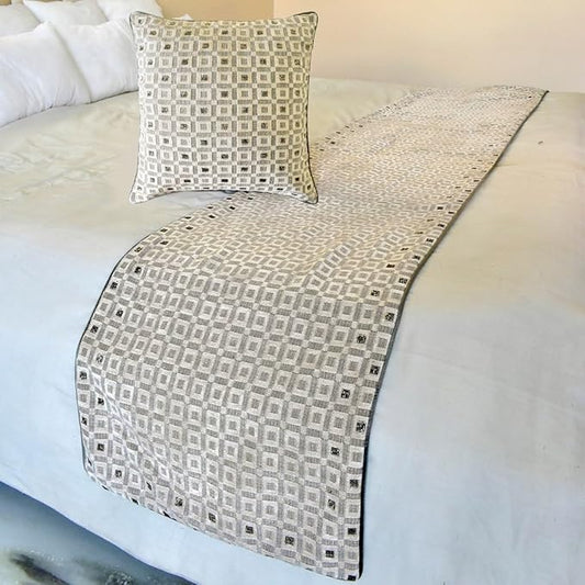 The HomeCentric King/Queen/Twin Grey Decorative King 90"x18" Bed Runner with Pillow Cover, Checkered, Beaded, Hand Embroidery Bed Scarf on Velvet Fabric - The Brick Effect