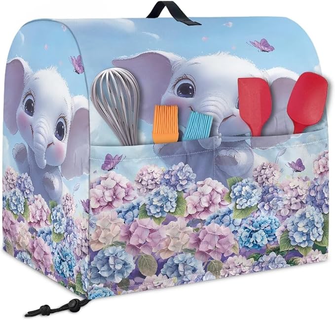 Cute Cartoon Elephant Mixer Cover Stand Dust Proof Covers with Handle and Front Pockets Kitchen Aid Mixer Cover for 6-8 Qt Mixer,Kitchen Coffee Maker Toaster Machine Dust Cover