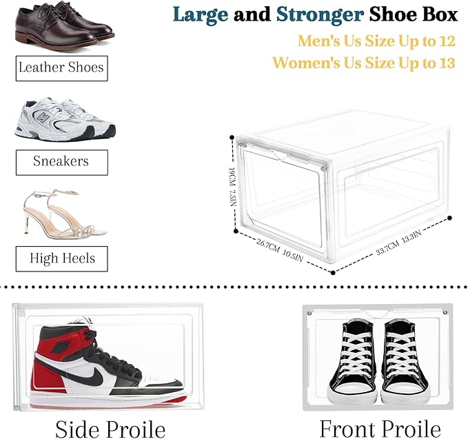 9 Pack Thicken Shoe Organizer Stackable Upgraded Sturdy Transparent Shoe Storage Box with Magnetic Door Sneaker Hats Display Case Fit Up to US Size 12, Clear