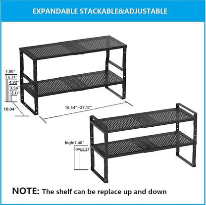 Expandable,Adjustable & Stackable Spice Rack, Cabinet Kitchen Countertop Shelf Organizer,Metal Pantry Storage Shelves - Space-Saving Storage Solution(2Packs/Black/Large)