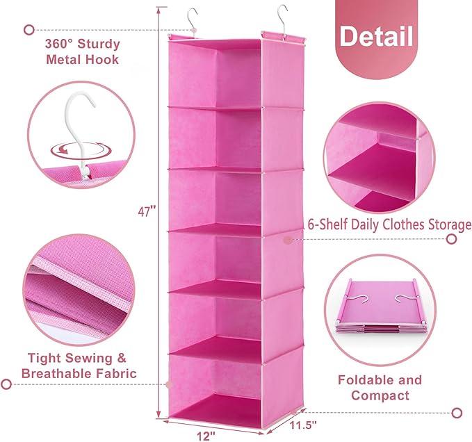 MAX Houser 6-Shelf Hanging Closet Organizer, Hanging Storage Shelves with 2 Sturdy Hooks Space-Saving for Bedroom, Foldable (Pink)