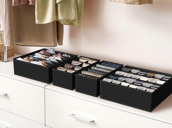 Simple Houseware 4-Pack Drawer Organizer Set - Closet Dividers for Underwear, Socks, Bras, Scarves, Ties - Foldable Non-Woven Storage Boxes, Black