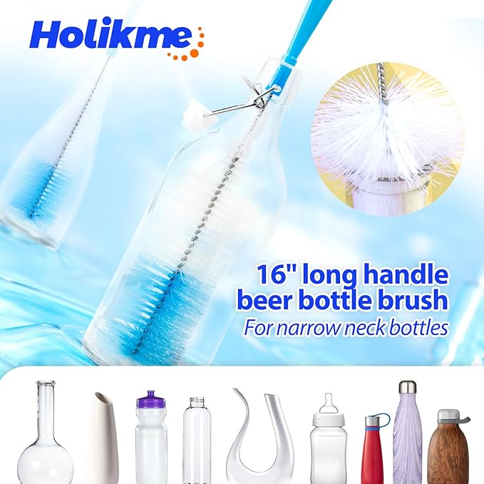 Holikme Bottle Brush Tube Cleaning Lab Set with Long Handle, Cup Cleaner for Washing Narrow Neck Beer Wine Decanter Pipes Lids Sinks Cap Covers, Green