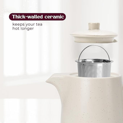 Ceramic Teapot with Infuser - 40 oz Large Teapot with Strainer - Tea Pot Ceramic for Loose Tea - Ceramic Tea Pots for Tea (Warm Grey/Beige)