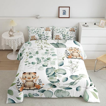 Erosebridal Kids Cute Animal Full Bedding Sets for Girls Boys Cartoon Tiger Comforter Set, Spring Eucalyptus Bedding Comforter Sets Watercolor Leaves Duvet Insert, Kawaii Jungle Animal Down Comforter