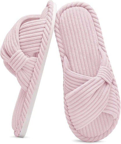 Evshine Summer House Slippers for Women Corduroy Cross Bow Indoor Slippers Open Toe Slip On Bedroom Shoes with Memory Foam