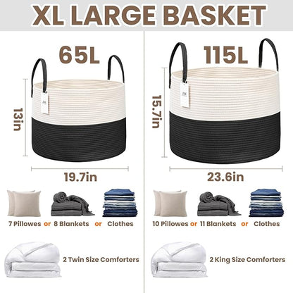 Woven Blanket Basket,65L Large Rope Storage Bin with Handles, Organizer for Blankets Toys Book and Clothes, Laundry Basket for Living Room Bedroom Nursery,White&Black