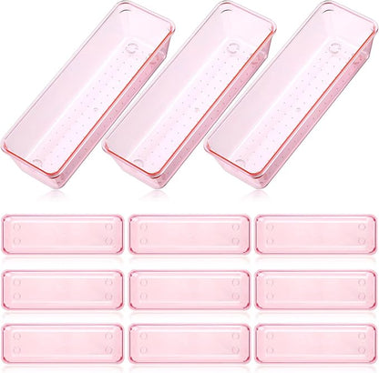 Maitys 12 Pcs Vanity Drawer Organizer 9 x 3 x 2 Inches Clear Plastic Utensil Organizers Kitchen Drawers Dividers for Office Desk Silverware Kitchen Utensils Cosmetics and Bathrooms(Pink)