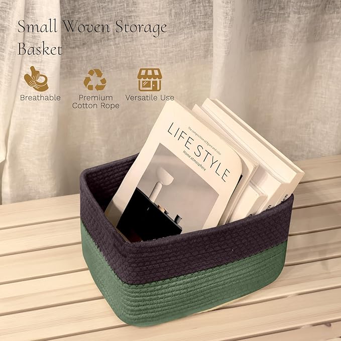 Hopegiver Woven Storage Baskets 11x8x7 Inch, 3 Pack Collapsible Cube Storage Bin for Shelves - Foldable Cotton Rope Organizer Bins for Towels, Toys, Books, Closet, Nursery (Brown Green)