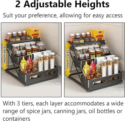 3 Tier Foldable Spice Rack for Countertop Iron Kitchen Seasoning Organizer for Cabinet, Black
