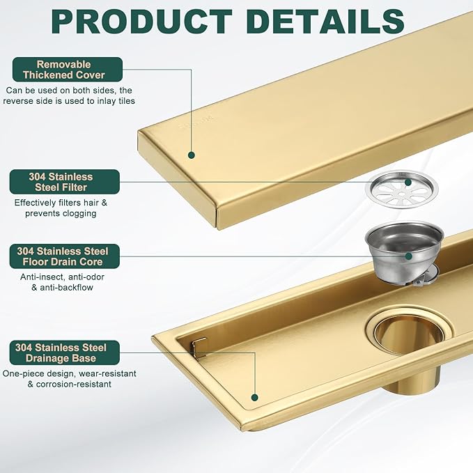 uxcell Rectangular Shower Drain, Brushed 304 Stainless Steel Odor-Proof Floor Drain Linear Shower Drain Hair Catcher for Bathroom Kitchen and Laundry Room(12 Inch, Gold)