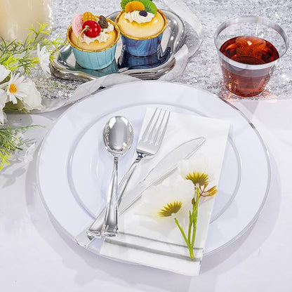 SUT 350 Piece Silver and White Plastic Dinnerware Set