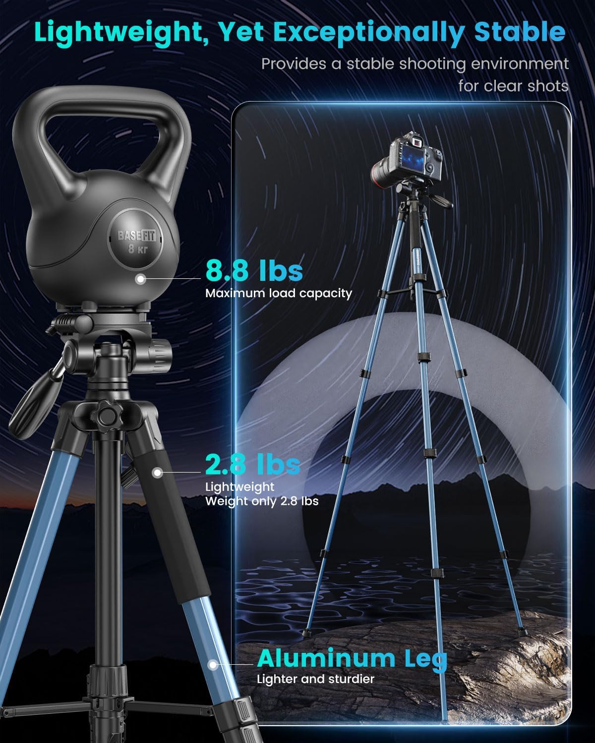 74"-Camera-Tripod, Navy Blue Professional Aluminum Heavy Duty Tripod Stand for Mirrorless Camera/DSLR/Cell Phone/Camcorder, with Holder and Travel Bag