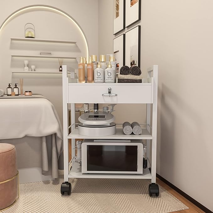 Paddie Salon Trolley Cart, Wooden Mobile Utility Cabinet Lab Cart with 1 Drawer 2 Trays, Rolling Storage Station Beauty Salon Rolling Trolley for Beauty Spa (White)