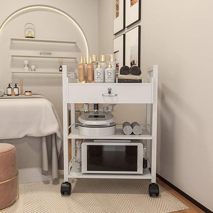Paddie Salon Trolley Cart, Wooden Mobile Utility Cabinet Lab Cart with 1 Drawer 2 Trays, Rolling Storage Station Beauty Salon Rolling Trolley for Beauty Spa (White)