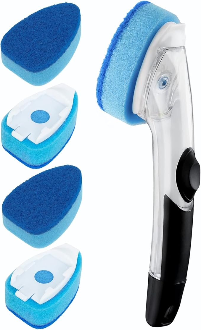 Heavy Duty Dishwand with Refills, Dish Wand Replacement Sponge Heads with Handle, Soap Control Dispenser Leak-Free Scrub, Non-Scratch Advanced Scrubber Brush Pads for Cleaning Dishes Sink Washing Tool